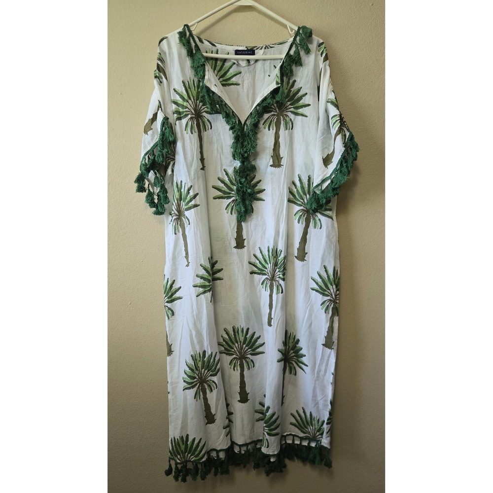 Katie Kime Cotton Silk Palm Tree Kaftan Coverup Green White Tassel Trim One Size - Picture 9 of 9